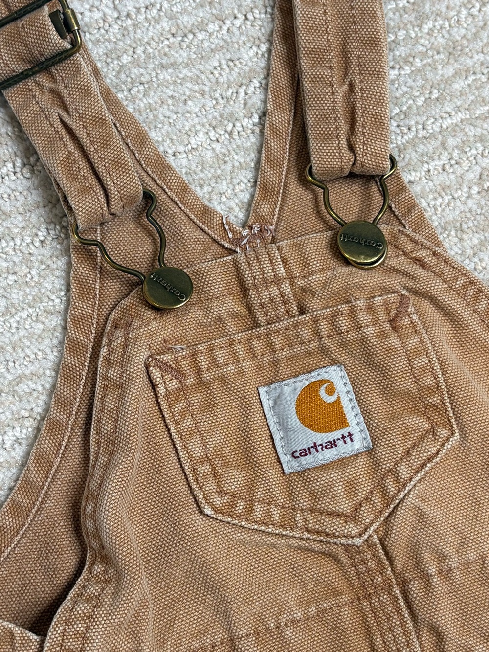 VTG Carhartt Baby Toddler Duck Bib Overalls Size 24M Leg Snaps One Piece Camel - Picture 2 of 9